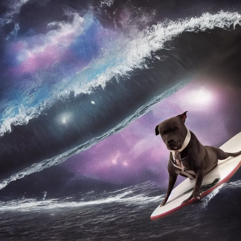 Image similar to photo of a dark gray black pit bull with a white paws, surfing on a surfboard in a crashing wave of alien ocean in space, background is an alien galaxy, aliens in the background, alien colors, octane render, unreal engine, wide view, 8 k, high detaild