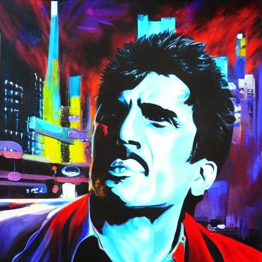 Prompt: ' acrylic painting of tony montana in a style of cyberpunk delivery club, in salvia divinorum, photorealistic glamour necro science'