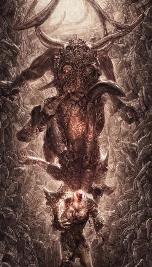 Image similar to A picture of an Minotaur in a Maze, by Ayami Kojima, studio ghibli, cinematic lighting, intricate, highly detailed, digital painting, trending on artstation, Illustration, epic scale