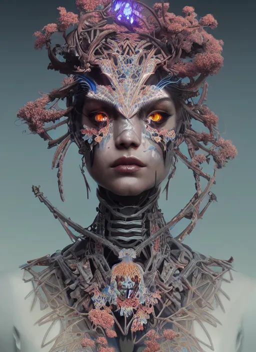 Image similar to symmetry!! portrait of a hybrid robot demon, floral! horizon zero dawn machine, intricate, elegant, highly detailed, ray tracing, digital painting, artstation, concept art, smooth, sharp focus, illustration, art by artgerm and greg rutkowski and alphonse mucha, 8 k