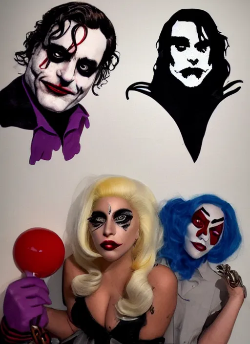 Prompt: lady gaga harley queen and joaquin phoenix joker by mimmo rottela and bengus and banksy