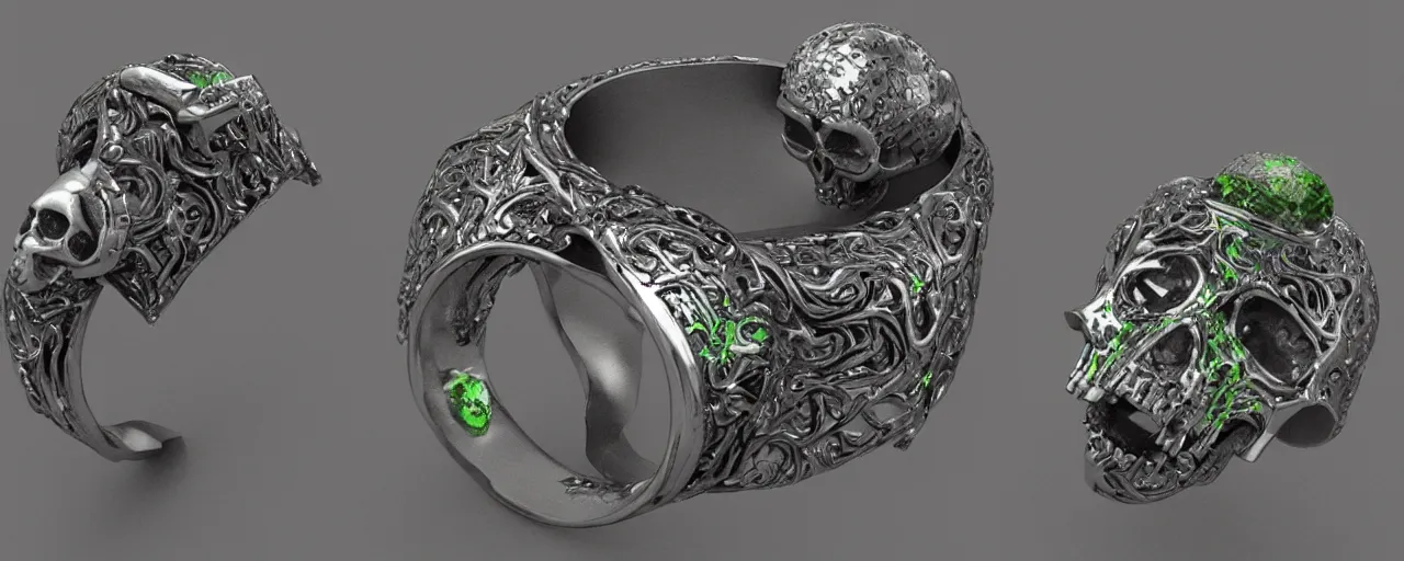 Prompt: simple ring with a skull, ring, skull, black, green mist emanates, smooth shank, crystals, engravings, product design, jewelry, art by gerald brom, greg rutkowski and artgerm and james jean and zdzisław beksinski, 8 k, unreal engine, c 4 d