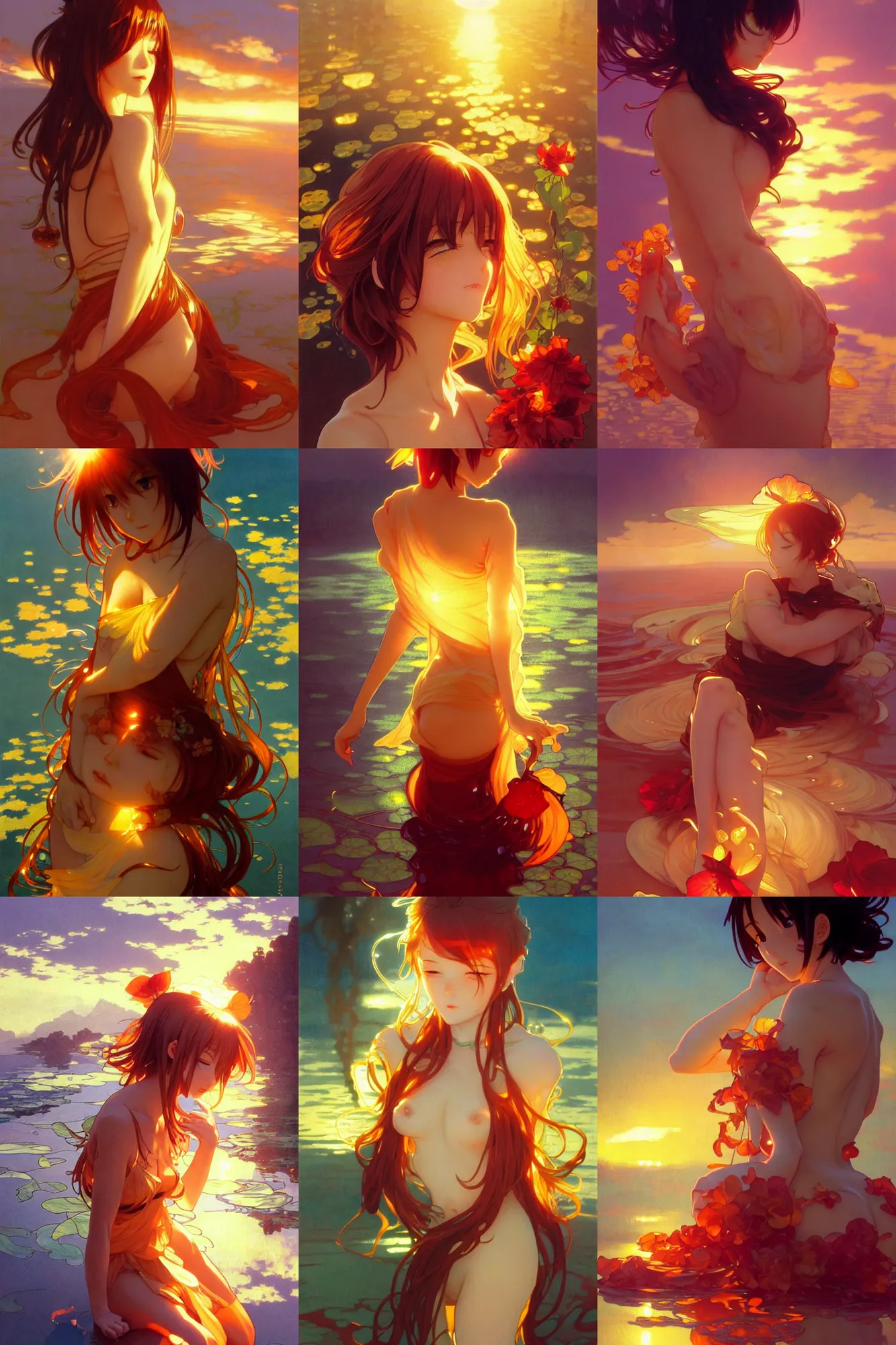 Prompt: glossy liquid honey resting on the petals, liquid translucent amber, backlit, sunset, refracted lighting, very anime, art by collier, albert aublet, krenz cushart, artem demura, alphonse mucha, wlop, caidychen, kuvshinov ilya,
