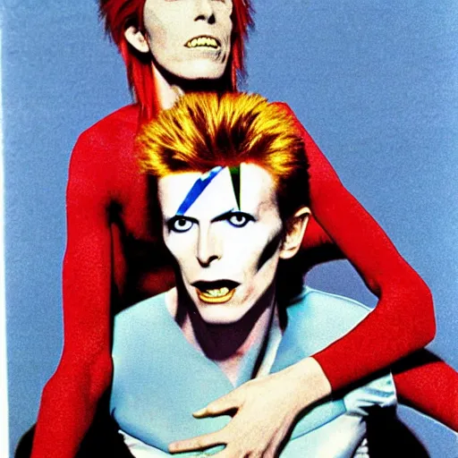 Image similar to david bowie from changes giving a piggy back ride to ziggy stardust. glam rock. by katsushika oi