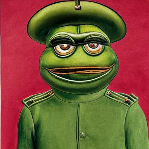 Image similar to pepe the frog as ww 1 german general, schirmmutzen, pickelhaube, elegant detailed painting by sandro botticelli, uncropped