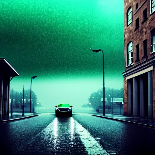 Image similar to car blue, street, rain, green cloud. super realistic 8 k render of a dark hooded powerful elegant, cinematic composition