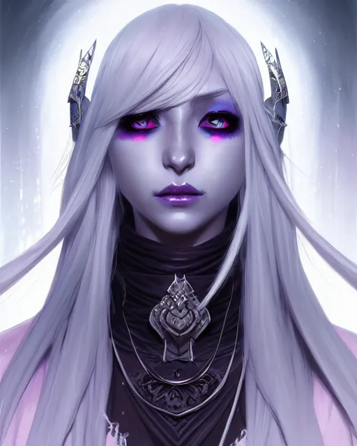 Image similar to portrait of an anime female drow necromancer, hd, illustration, epic, d & d, fantasy, intricate, elegant, highly detailed, digital painting, artstation, concept art, smooth, sharp focus, illustration, art by artgerm and greg rutkowski and alphonse mucha, monster hunter illustrations art book