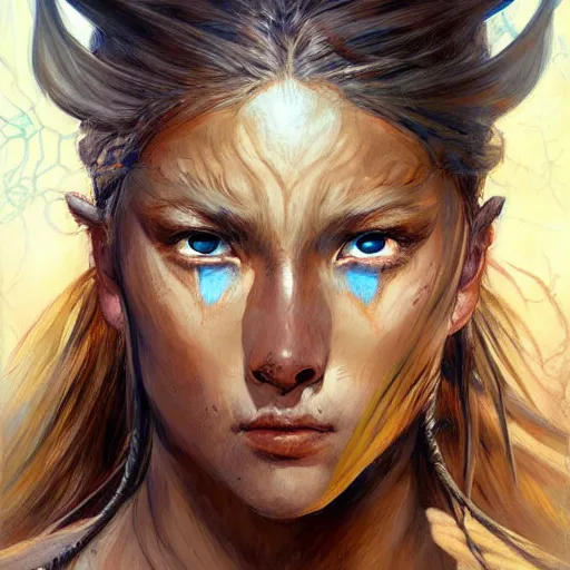 Image similar to highly detailed painting of a warrior goddess with tan skin, blue eyes, and brown hair high fantasy art by jon foster trending on arstation