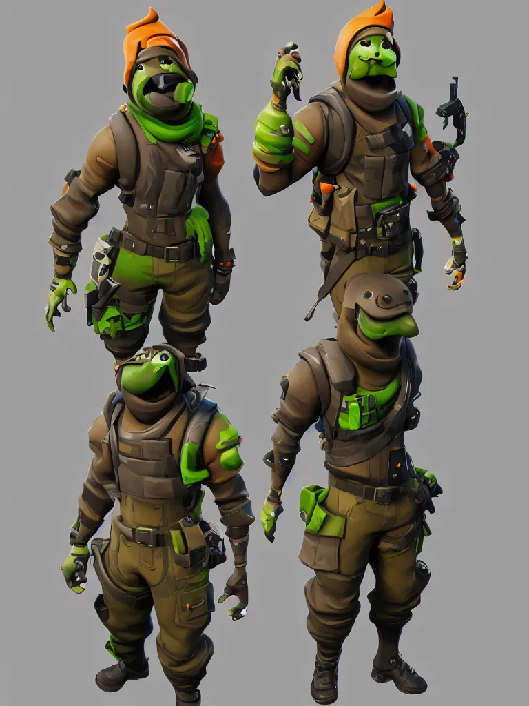 Image similar to fortnite character design, anthropomorphic pickle, kind eyes and a derpy smile. flak jacket, ammo bandolier, cargo pants, black combat boots. fortnite style, unreal engine