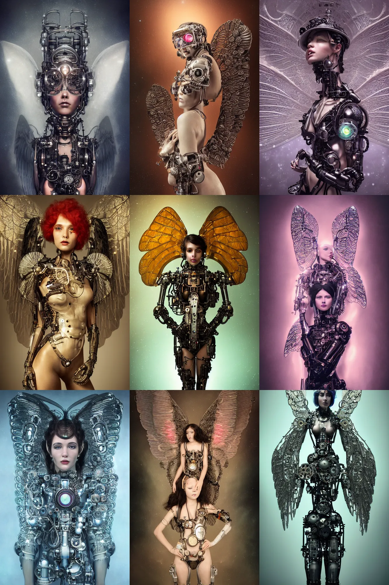 Image similar to a beautiful intricate fine art portrait photo of a a mechanical industrial steampunk cybernetic angel with neon wings against galactic space, soft backlight, by tom bagshaw and zach sutton, perfection!, milk bath photography, studio lighting, 3 5 mm lens, very detailed, bionic, cybernetic scifi, deep depth of field, artstation, 8 k, highly coherent