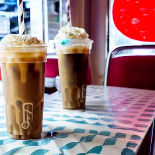 Prompt: iced latte in a 50s diner, photography, 50s theme