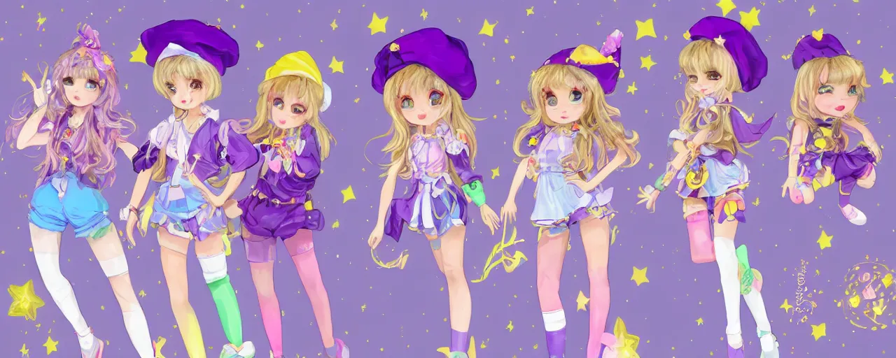 Image similar to A character sheet of full body cute magical girls with short blond hair wearing an oversized purple Beret, Purple overall shorts, Short Puffy pants made of silk, pointy jester shoes, a big billowy scarf, and white leggings. Rainbow accessories all over. Flowing fabric. Golden Ribbon. Covered in stars. Fancy Dress. Jasmine Pants. Short Hair. Art by Johannes Helgeson and william-adolphe bouguereau and Paul Delaroche and Alexandre Cabanel and Lawrence Alma-Tadema and WLOP and Artgerm. Fashion Photography. Decora Fashion. harajuku street fashion. Kawaii Design. Intricate, elegant, Highly Detailed. Smooth, Sharp Focus, Illustration Photo real. realistic. Hyper Realistic. Sunlit. Moonlight. Dreamlike. Fantasy Concept Art. Surrounded by clouds. Artist Clothes. Painter Clothes. Dreamer. 4K. UHD. Denoise.