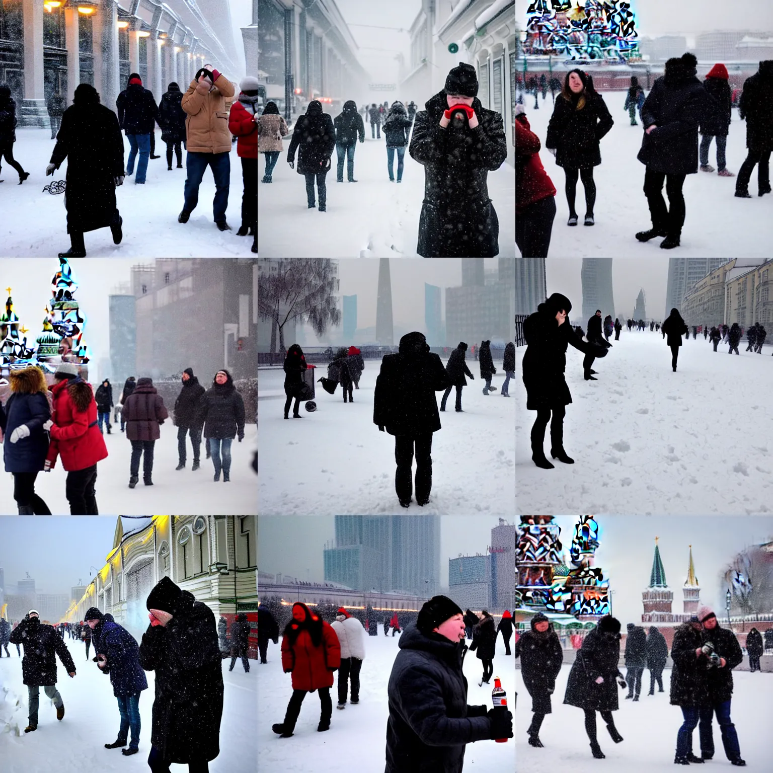 Prompt: drunken people sniff snow in moscow city, people wipe their noses with snow in moscow city