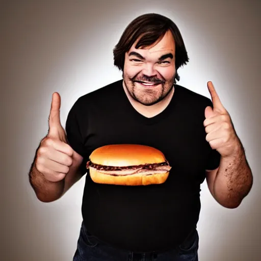 Prompt: Jack Black holding a hamburger, studio, split lighting, evil grin, intense