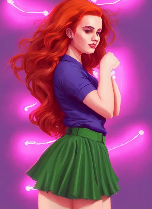 Image similar to full body portrait of teenage cheryl blossom, chubby, bangs, green eyes, sultry expression, red hair, sultry smirk, bangs and wavy hair, pink skirt, fat, intricate, elegant, glowing lights, highly detailed, digital painting, artstation, concept art, smooth, sharp focus, illustration, art by wlop, mars ravelo and greg rutkowski