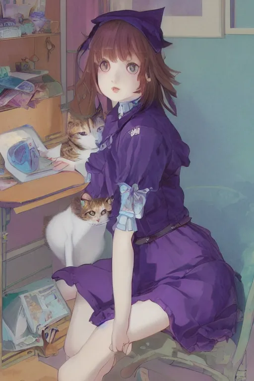 Image similar to a girl playing with a cat A comfortable study room at night,purple and blue theme,,S line,hard edges,jk uniform ,Hairdryer by mucha and krenz cushart and range murata