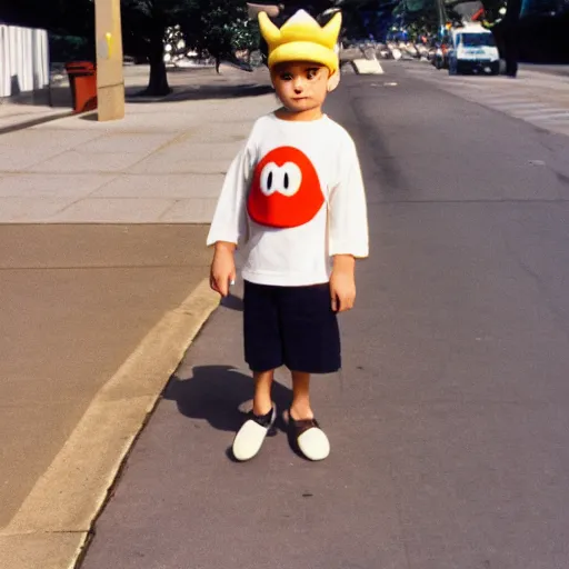 Prompt: kirby from nintendo walking on the sidewalk dressed in casual clothes, portra 800