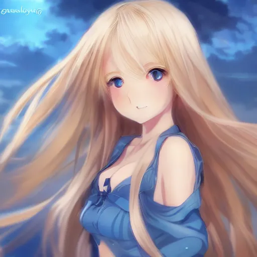 Image similar to a very beautiful anime cute girl, full body, long wavy blond hair, sky blue eyes, full round face, short smile, fancy top, miniskirt, front view, medium shot, mid-shot, highly detailed, cinematic wallpaper by Stanley Artgerm Lau