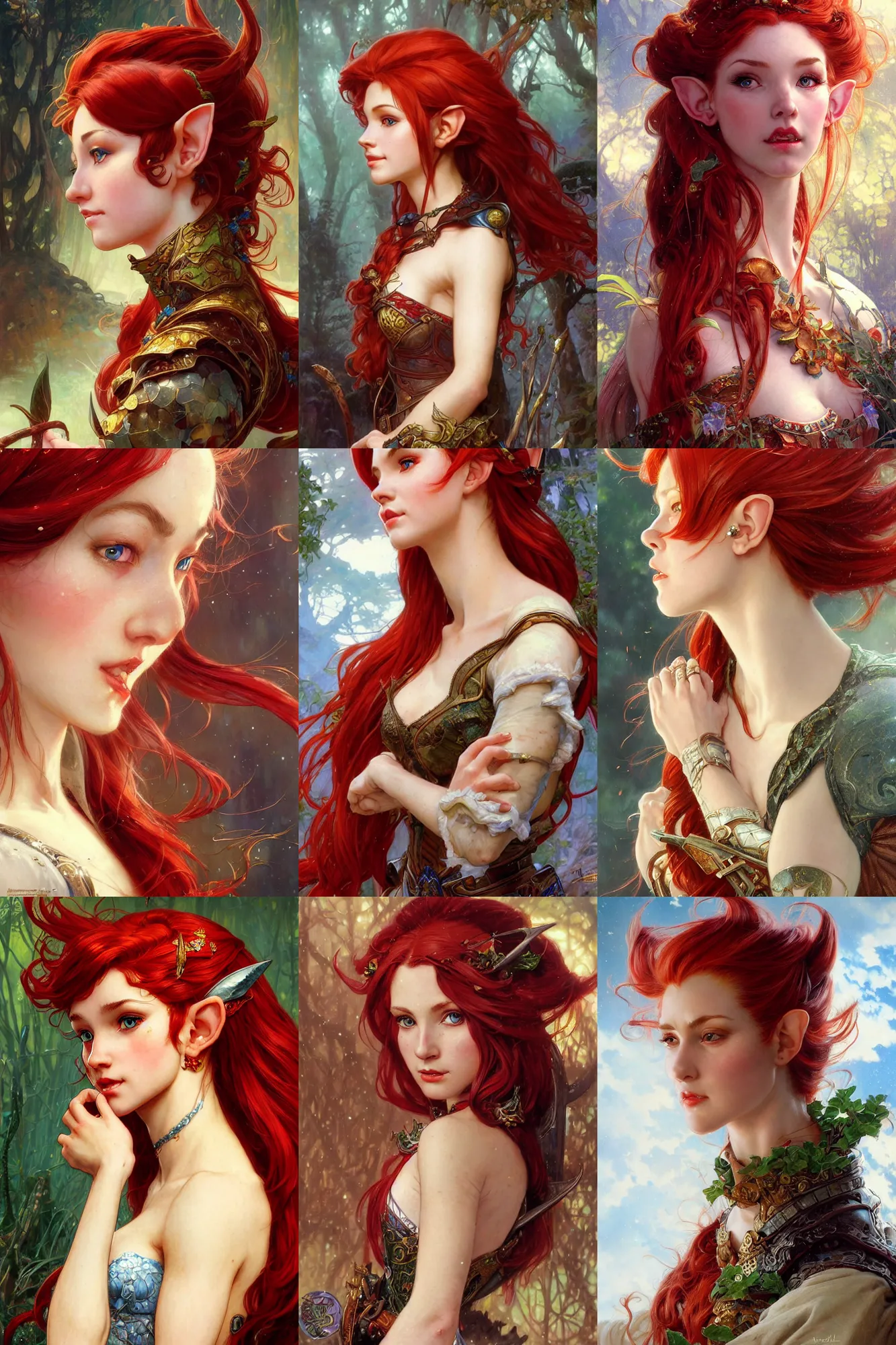 Prompt: alluring profile highly detailed close-up portrait of beautiful elf girl with red hair wearing a fantasy outfit, very detailed, realistic, by Stanley Artgerm Lau, greg rutkowski, thomas kindkade, alphonse mucha, loish, norman rockwell J.