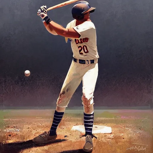 Image similar to baseball player hitting the ball with the baseball bat in the middle of the game and in front of everyone in the stadium, james gurney painting style, greg rutkowski, artstation