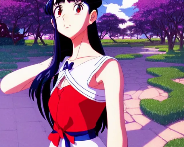 Image similar to Rei Hino from Sailor Moon, park in background, bokeh. anime masterpiece by Studio Ghibli. illustration, sharp high-quality anime illustration in style of Ghibli, Ilya Kuvshinov, Artgerm