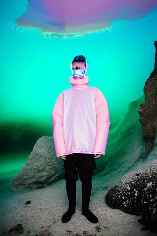 Image similar to high quality pastel coloured film mid angle portrait photograph of a beautiful young 2 0 year old male, soft features, short hair, perspex mask and oversized inflated clothing!!!! icelandic black! rock pool environment. atmospheric three point light. photographic. art directed. ( pastel colours ). volumetric. clearcoat. waves. 8 k. filmic.