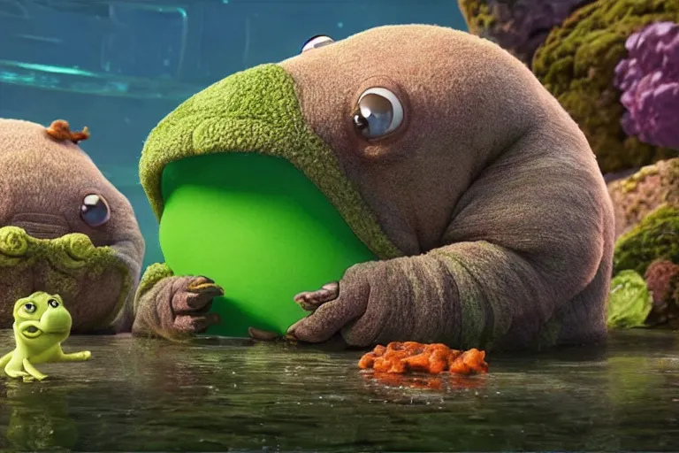 Prompt: pixar tardigrade character, tardigrade eating algae with his friends, disney movie, ultra detailed film still