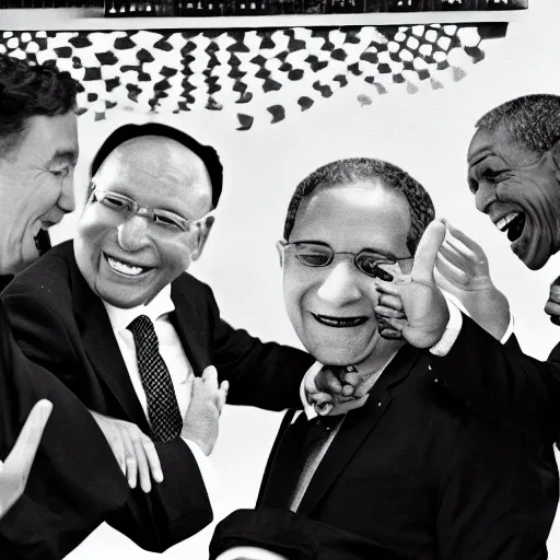 Image similar to black and white photo of world leaders around a table pointing and laughing at a holographic virus