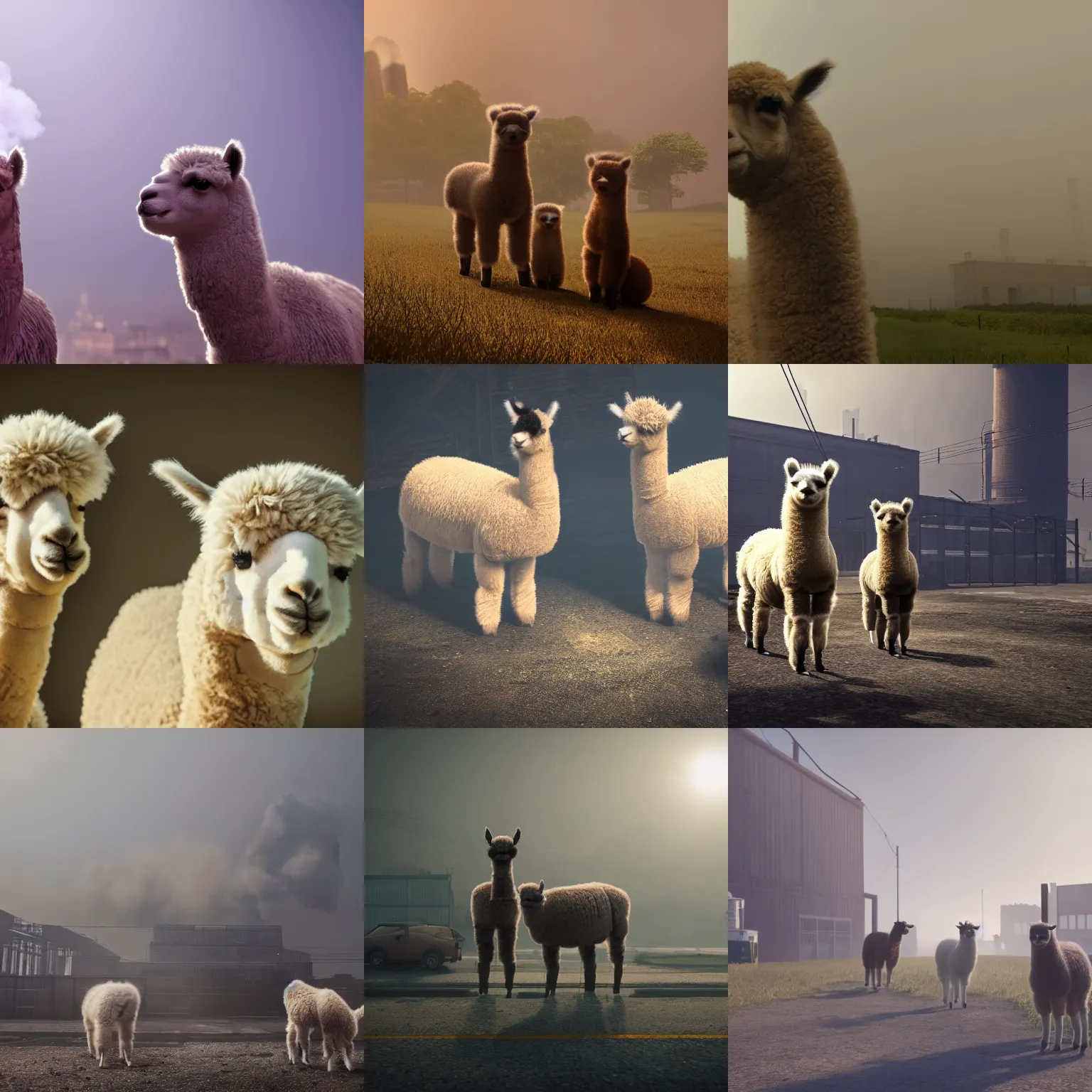 Prompt: two sad alpacas on a polluted factory covered in smoke and pollution, volumetric light, unreal engine