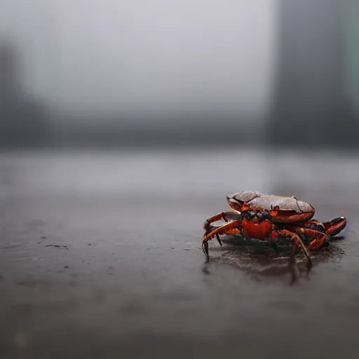 Prompt: hd masterpiece lensraiblur rainy moody cityscene with crabs in trenchcoats, national geographic, instagram, High quality award winning photography