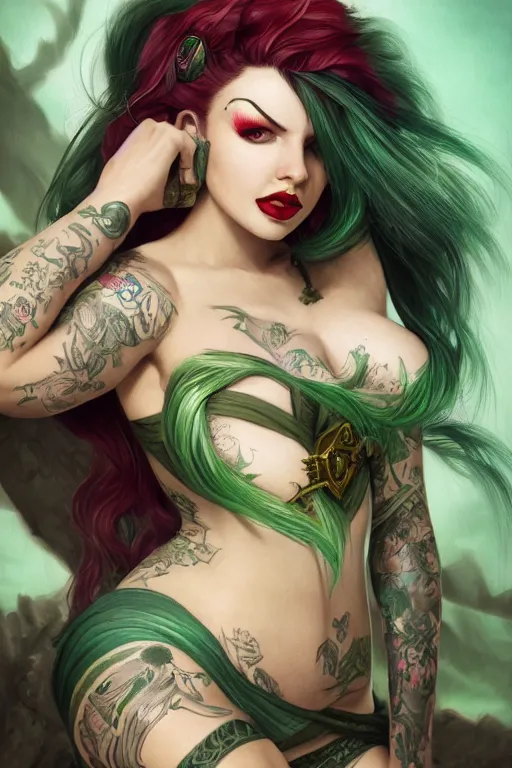 Image similar to green hair tattooed pinup hannah murray, rogue bard, feathers, baldurs gate, diablo, dnd, deep focus, turnaround, fantasy, intricate, elegant, highly detailed, digital painting, artstation, concept art, matte, sharp focus, illustration, hearthstone, art by artgerm and greg rutkowski and alphonse mucha.