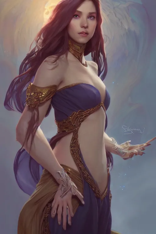 Image similar to beautiful sorceress, accurate anatomy, only two hands, highly detailed, digital painting, artstation, concept art, smooth, sharp focus, illustration, Unreal Engine 5, 8K, art by sakimichan, Artgerm, Ross Tran, greg rutkowski and alphonse Mucha