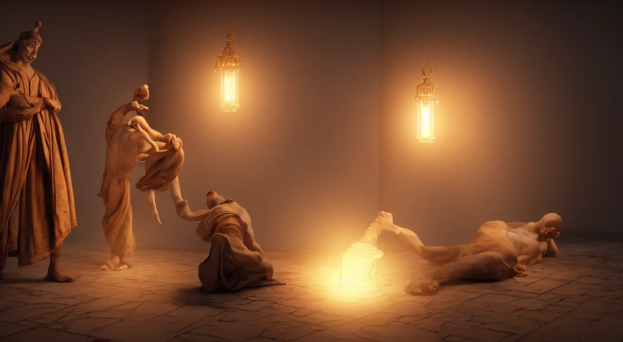 Prompt: The great genie in the bottle demonstrates enormous magical powers stunning the young man who just released him from the lamp. Intricate details, photo realistic, award winning, dramatic lighting, award winning, depth of field, UHD 8K. Rendered with autodesk arnold unreal engine octane render Lumion Blender Maxwell.