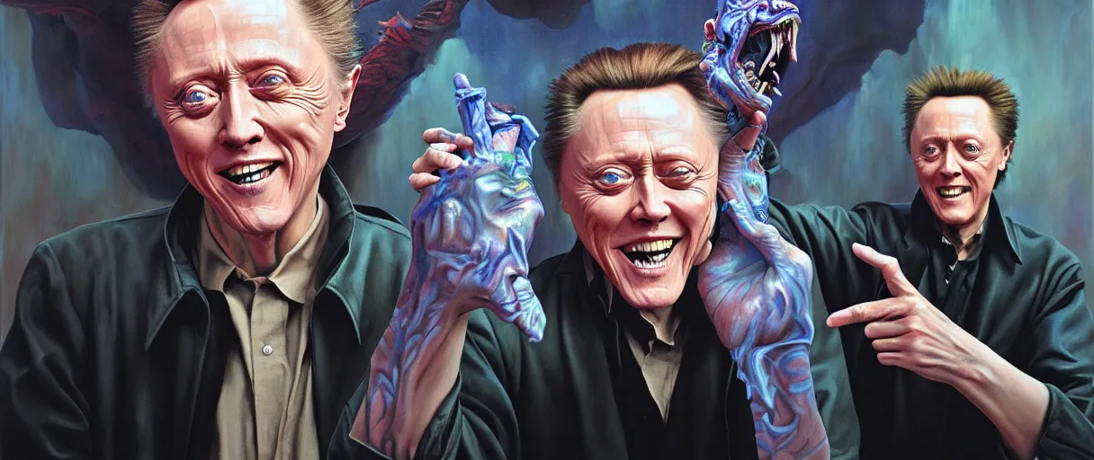 Image similar to hyperrealist painting of young christopher walken pointing and laughing at me concept art wayne barlowe hannah yata very dramatic lighting 8k wide angle shallow depth of field