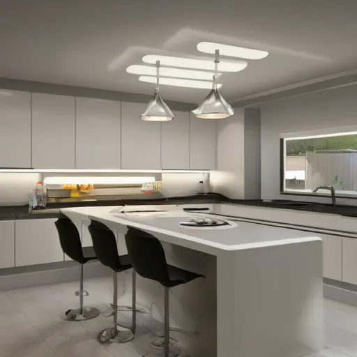 Image similar to modern kitchen with rgb led strip lighting roof lantern, homes and gardens, super detailed render, award winning,