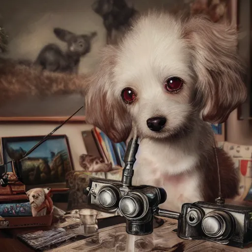 Image similar to closeup portrait of little dogs with bazooka retro living room of dog family, depth of field, zeiss lens, detailed, centered, fashion photoshoot, by nicoletta ceccoli, mark ryden, lostfish, breathtaking, 8 k resolution, extremely detailed, beautiful, establishing shot, artistic, hyperrealistic, octane render,