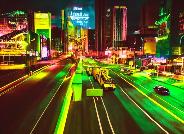 Prompt: a film still of a tonka truck driving through a neon green city at night, cinematic