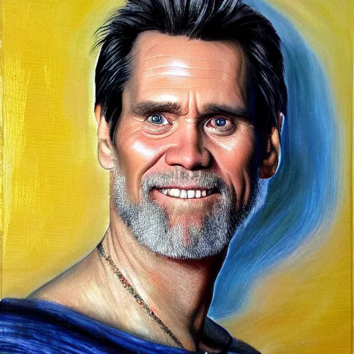 Image similar to jim carrey as a greek god, portrait, oil painting