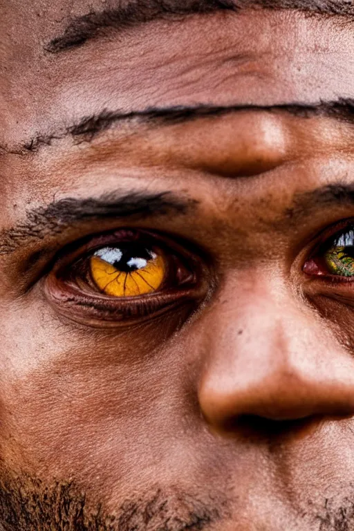 Prompt: a photograph of a man with massive eyes, eyes the size of basketballs, bloated eyeballs, scary, normal sized head, massive eyes, streched eyelids, scary massive pupils, sourced by national geographic, photograph taken in africa, 4 k image, golden hour, sigma lens, sourced, real,