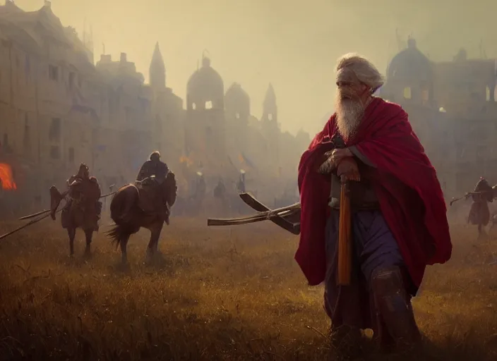 Prompt: cinematic shot of a mysterious old man with a staff and purple robes standing before a cavalry charge of warriors wearing red armor by Greg Rutkowski, 4k, masterpiece