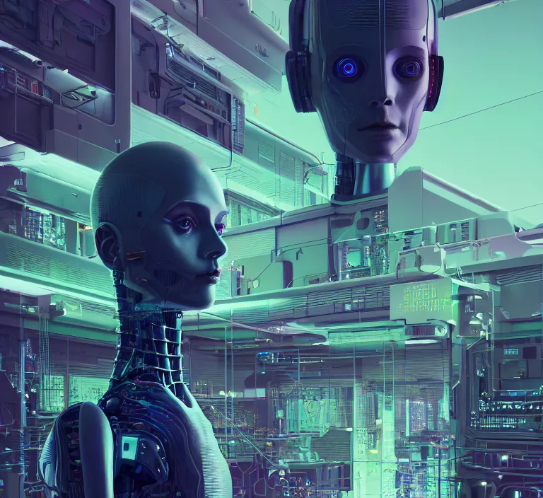 Image similar to hyperrealism stock photography of highly detailed stylish humanoid robot in sci - fi cyberpunk style by gragory crewdson and vincent di fate with many details by josan gonzalez working at the highly detailed data center by mike winkelmann and laurie greasley hyperrealism photo on dsmc 3 system rendered in blender and octane render