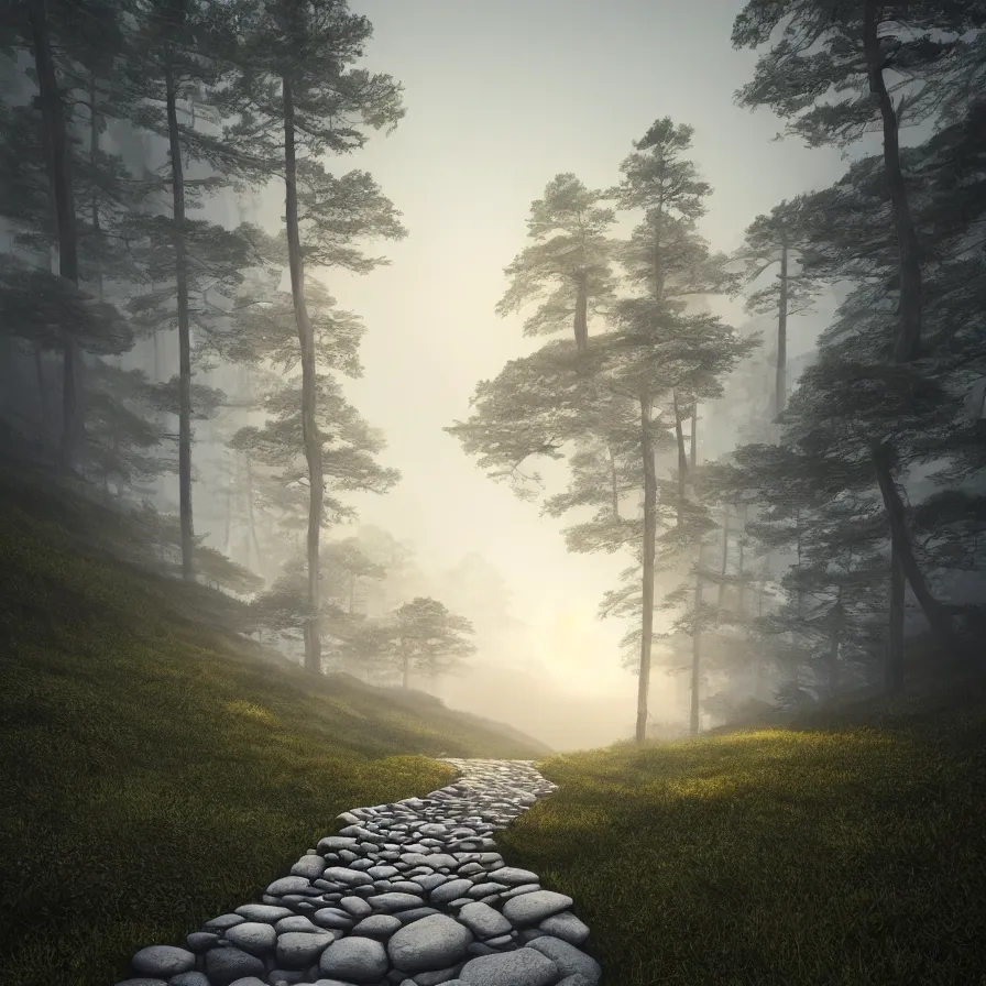 Prompt: surrealist abstract rendering of a stone path leading down the horizon through giant pine forests down a rocky mountain coast towards a majestic sunset. atmospheric foggy landscape, soft tones, psychedelic, ultra realistic, concept art, modern art, photorealistic, octane render.