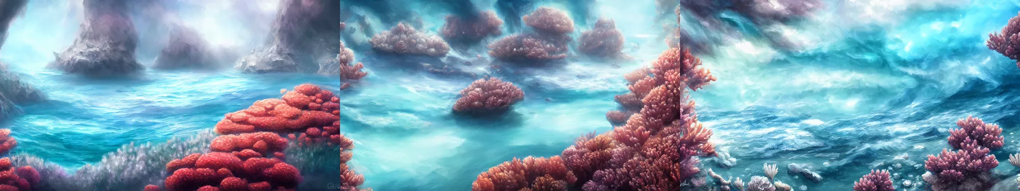Prompt: landscape, corals, nacre, sea, white, iridescent. fantasy, digital painting, hd, detailed.