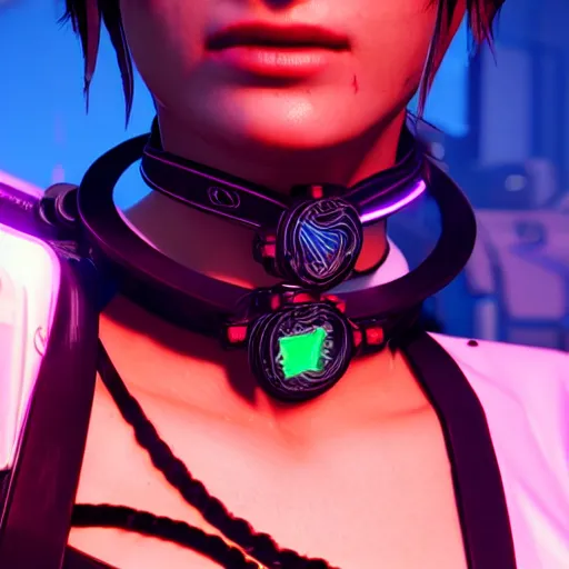 Image similar to female V from Cyberpunk 2077 wearing spiked choker, collar, choker, punk, collar, 4K, realistic, futuristic, neon,