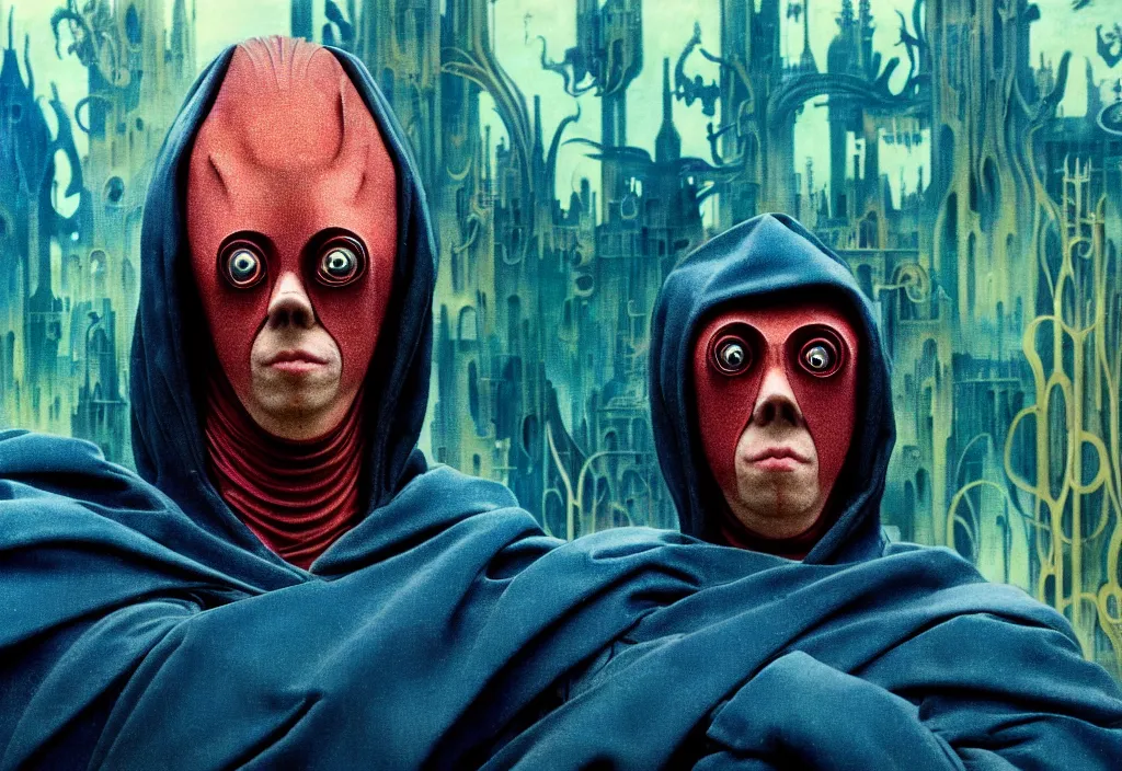 Image similar to realistic detailed portrait movie still of a birdman wearing dark robes, sci fi city landscape background by denis villeneuve, amano, yves tanguy, alphonse mucha, ernst haeckel, max ernst, roger dean, masterpiece, rich moody colours, cinematic, blue eyes, snarling dog teeth