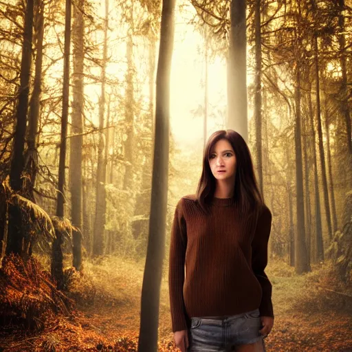 Prompt: real life photo of a beautiful girl, full body photoshoot, long brown hair, brown eyes, full round face, short smile, belly free, sweater, forest setting, cinematic lightning, medium shot, mid - shot, highly detailed, trending on artstation, unreal engine 4 k, 8 0 mm, 8 5 mm, cinematic wallpaper