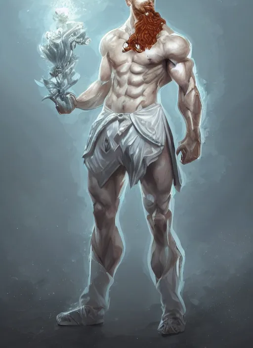 Prompt: a highly detailed illustration of short ginger haired man wearing white suit, dramatic holding book pose, muscular, intricate, elegant, highly detailed, centered, digital painting, artstation, concept art, smooth, sharp focus, league of legends concept art, WLOP