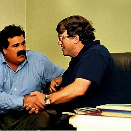 Prompt: photo Pablo Escobar is talking to bill gates