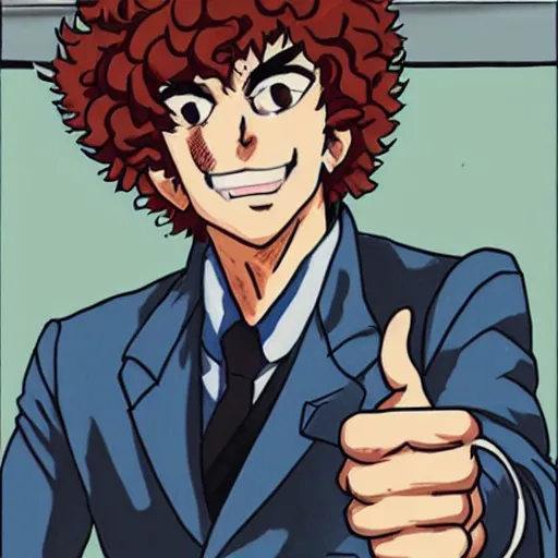 Image similar to spike spiegel as a curly-haired persian guy giving a thumbs up by masamune shirow