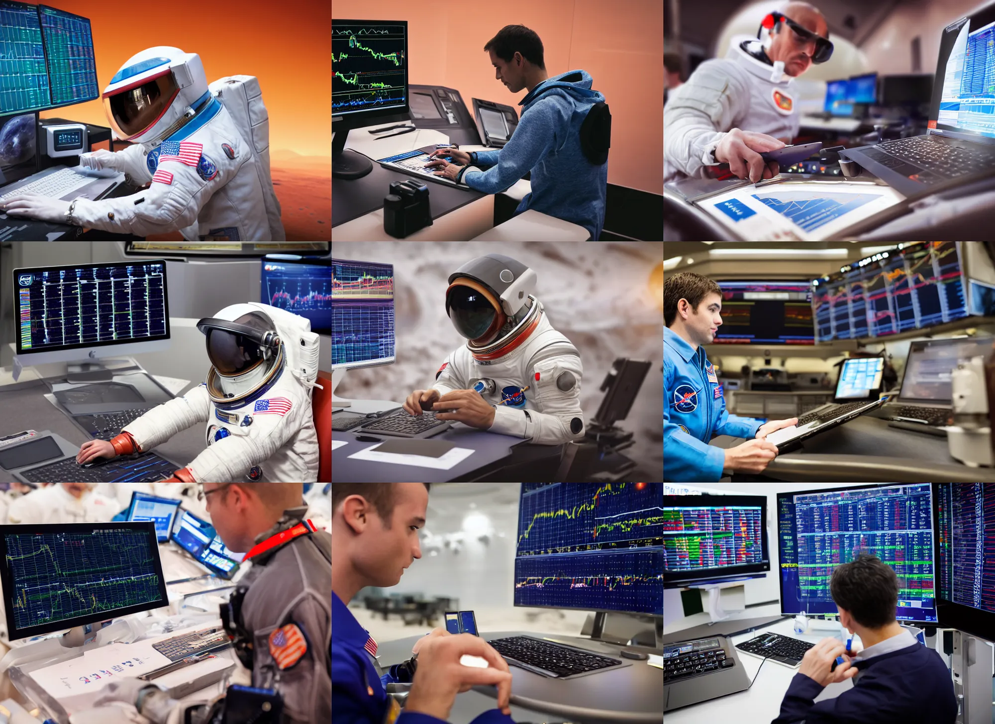 Prompt: dslr photograph of an astronaut, buying stocks from the stock market, using a futuristic computer, on the surface of mars, detailed, 4 k 8 5 mm f 1. 8